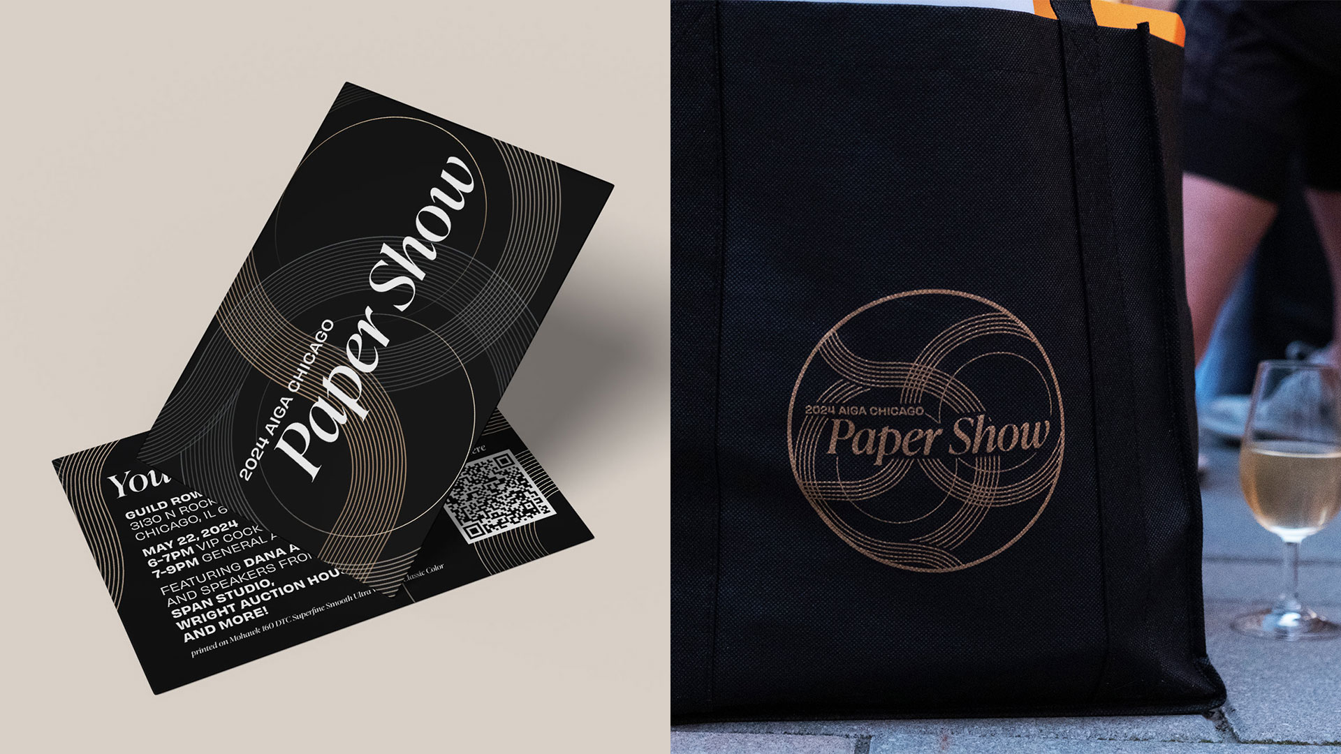 The 2024 Paper Show invitation on the left and the corresponding tote bag on the right