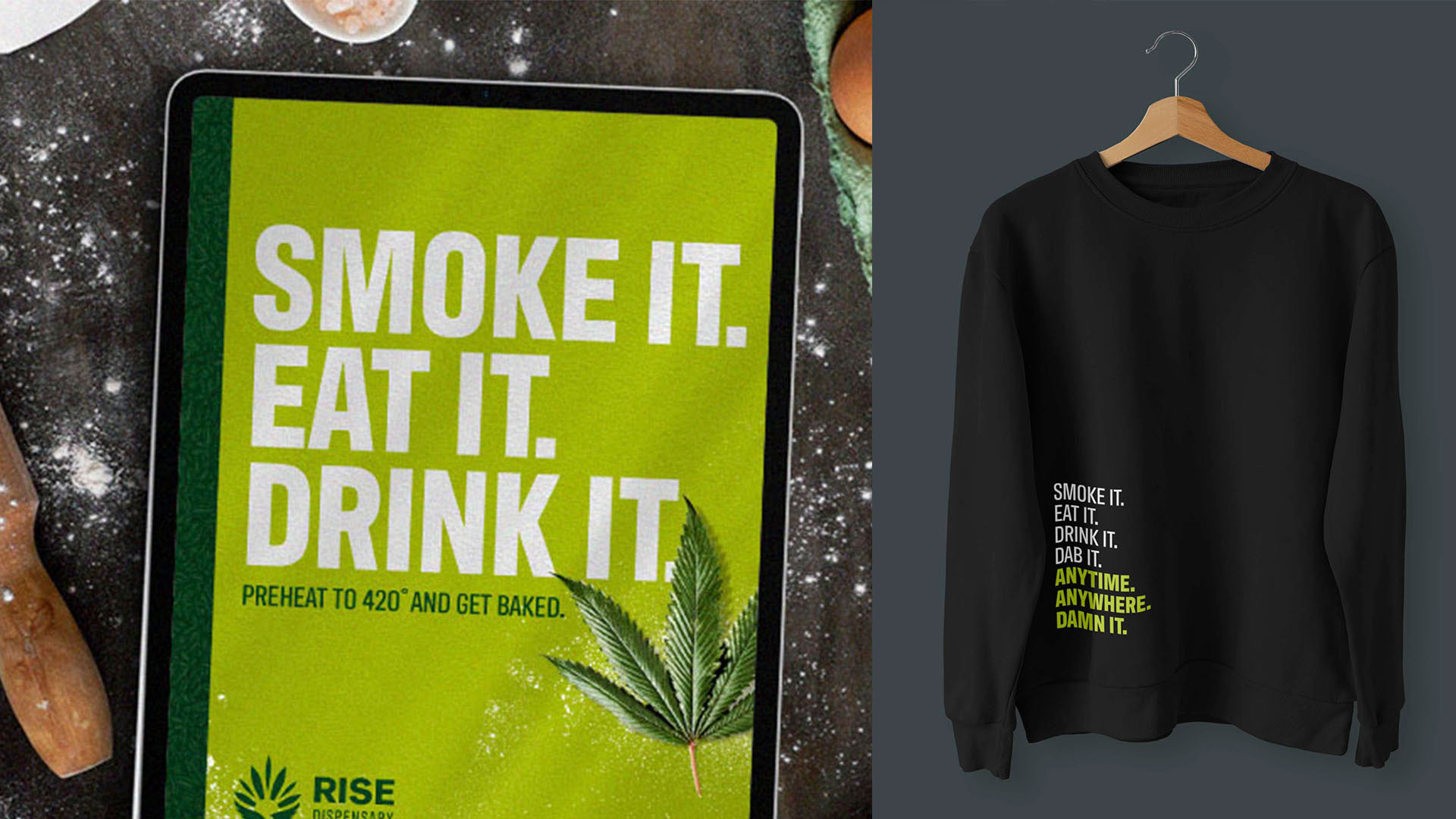 The 420 cookbook is shown on the left, a RISE sweater on the right