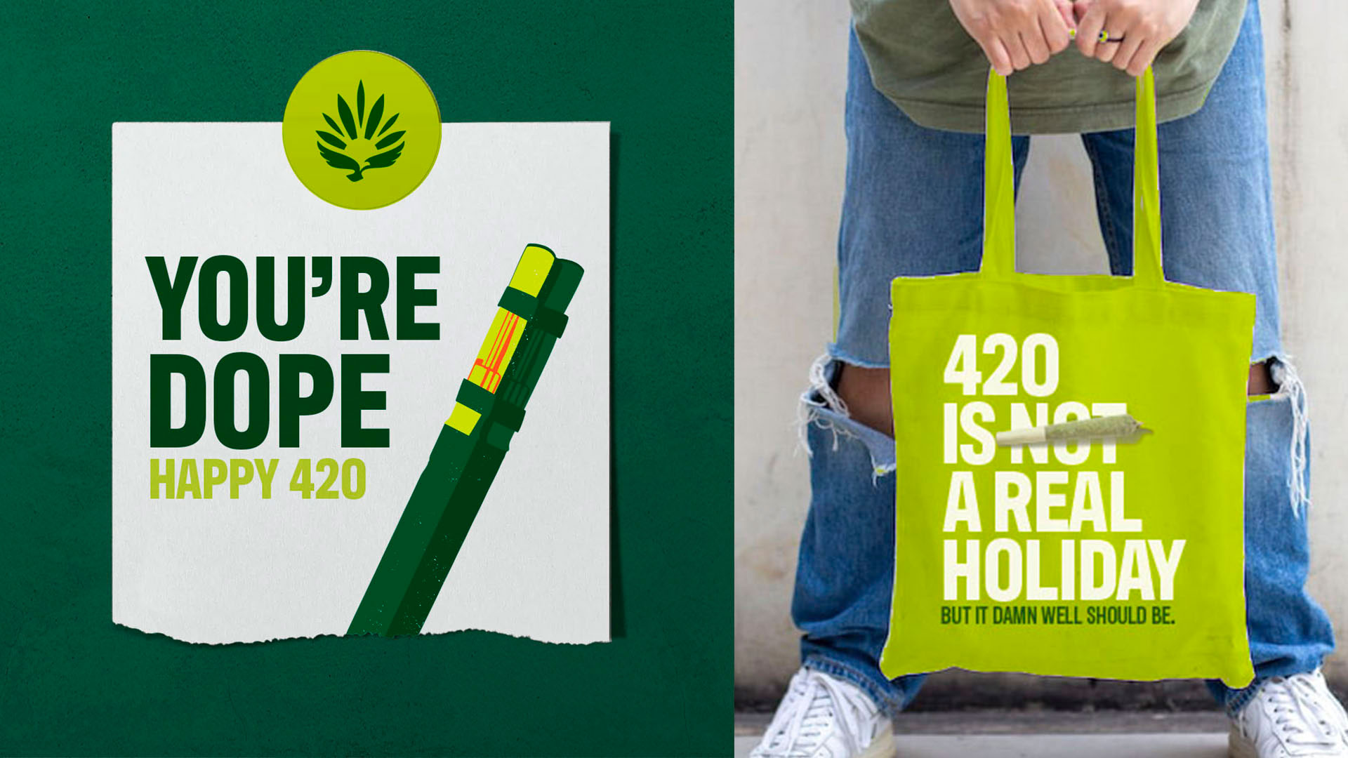 A weed valentine is shown on the left, a 420 Is Not A Real Holiday tote is shown on the right